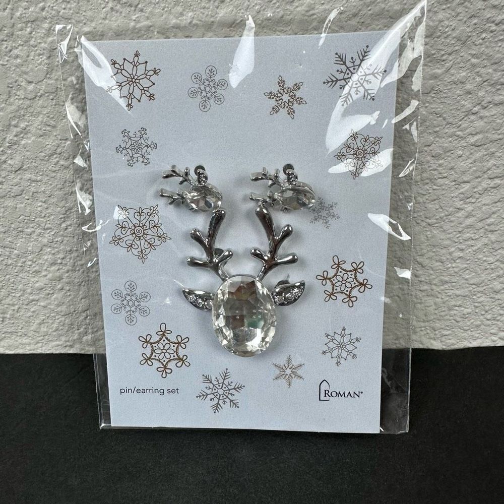 Roman Pin & Earring Reindeer Set White‎